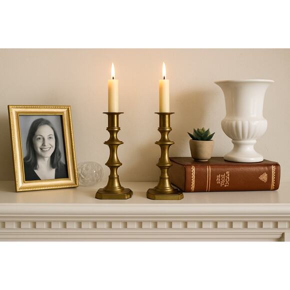 Vintage Brass Candlestick Holders Pair, Hexagon Base, 8” Colonial Revival - Picture 13 of 13